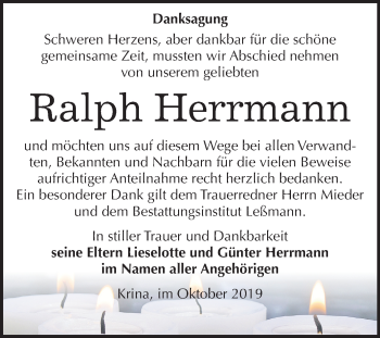 Traueranzeige von Ralph Herrmann von Wochenspiegel Bitterfeld