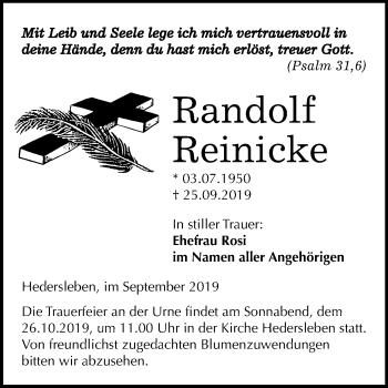 Traueranzeige von Randolf Reinicke von Super Sonntag Mansfelder Land