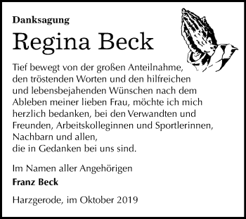 Traueranzeige von Regina Beck von Mitteldeutsche Zeitung Quedlinburg