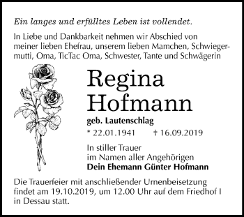 Traueranzeige von Regina Hofmann von Super Sonntag Dessau-Roßlau