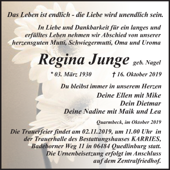 Traueranzeige von Regina Junge von Super Sonntag Quedlinburg