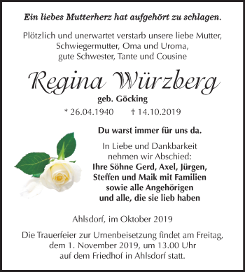 Traueranzeige von Regina Würzberg von Mitteldeutsche Zeitung Mansfelder Land
