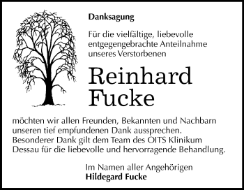 Traueranzeige von Reinhard Fucke von Super Sonntag Wittenberg