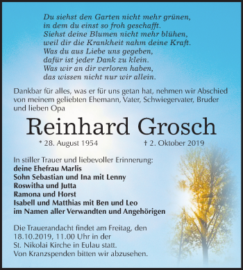 Traueranzeige von Reinhard Grosch von Wochenspiegel Naumburg/Nebra