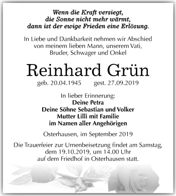 Traueranzeige von Reinhard Grün von Mitteldeutsche Zeitung Mansfelder Land