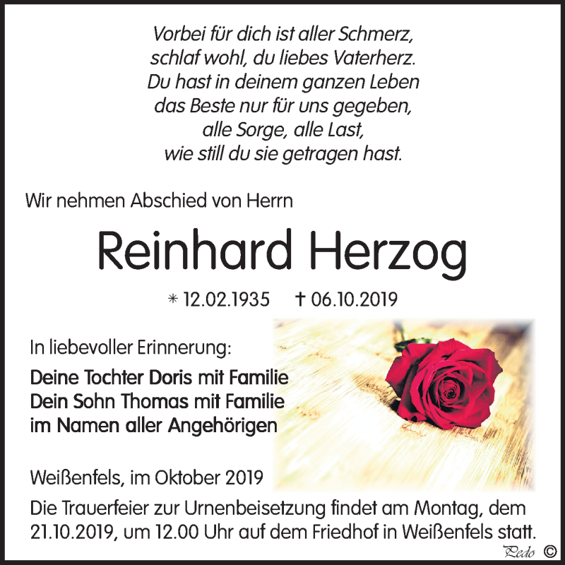  Traueranzeige für Reinhard Herzog vom 12.10.2019 aus Mitteldeutsche Zeitung Weißenfels