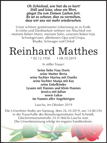 Traueranzeige von Reinhard Matthes von Mitteldeutsche Zeitung Naumburg/Nebra