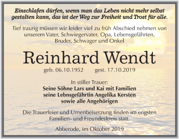 Traueranzeige von Reinhard Wendt von Mitteldeutsche Zeitung Mansfelder Land