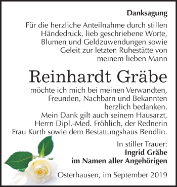 Traueranzeige von Reinhardt Gräbe von Wochenspiegel Mansfelder Land