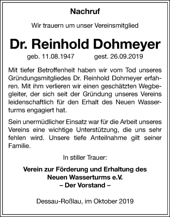 Traueranzeige von Reinhold Dohmeyer von Super Sonntag Dessau-Roßlau