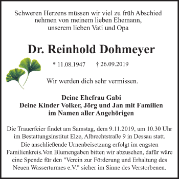 Traueranzeige von Reinhold Dohmeyer von Super Sonntag Dessau-Roßlau