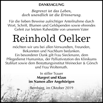 Traueranzeige von Reinhold Oelker von Super Sonntag Bernburg