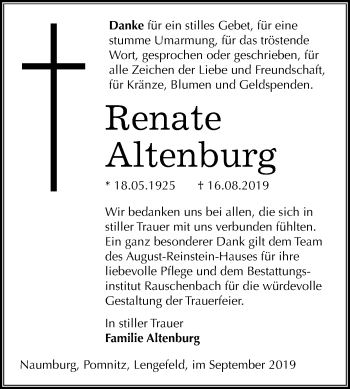 Traueranzeige von Renate Altenburg von Wochenspiegel Naumburg/Nebra