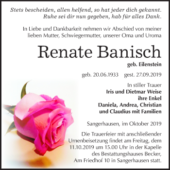 Traueranzeige von Renate Banisch von Mitteldeutsche Zeitung Sangerhausen