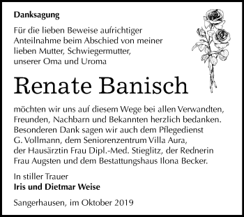 Traueranzeige von Renate Banisch von Mitteldeutsche Zeitung Sangerhausen