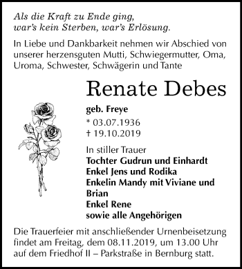 Traueranzeige von Renate Debes von Mitteldeutsche Zeitung Bernburg