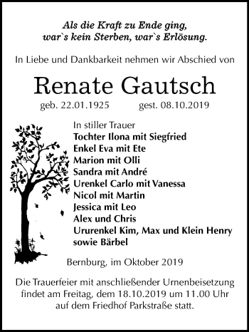 Traueranzeige von Renate Gautsch von Super Sonntag Bernburg