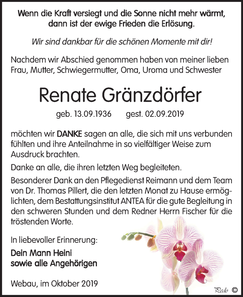  Traueranzeige für Renate Gränzdörfer vom 09.10.2019 aus Wochenspiegel Weißenfels