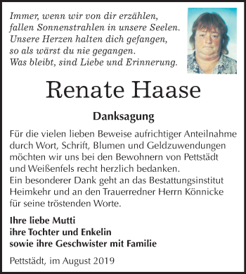 Traueranzeige von Renate Haase von Mitteldeutsche Zeitung Weißenfels