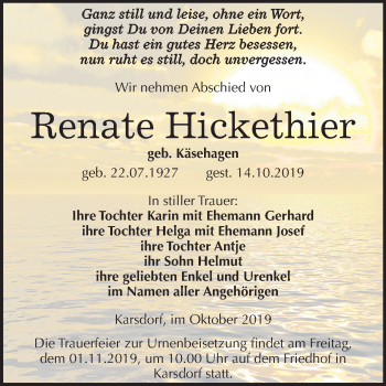 Traueranzeige von Renate Hickethier von Mitteldeutsche Zeitung Naumburg/Nebra