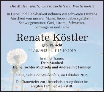 Traueranzeige von Renate Köstler von Mitteldeutsche Zeitung Weißenfels