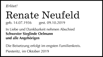 Traueranzeige von Renate Neufeld von Mitteldeutsche Zeitung Wittenberg