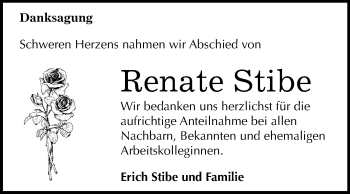 Traueranzeige von Renate Stibe von Wochenspiegel Bitterfeld