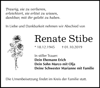 Traueranzeige von Renate Stibe von Wochenspiegel Bitterfeld