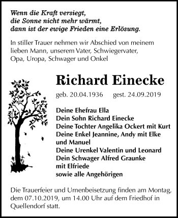 Traueranzeige von Richard Einecke von Wochenspiegel Köthen