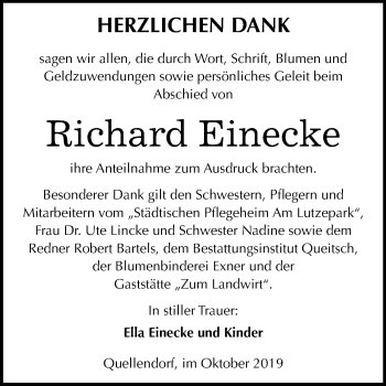 Traueranzeige von Richard Einecke von Mitteldeutsche Zeitung Köthen