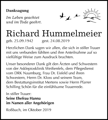 Traueranzeige von Richard Hummelmeier von Mitteldeutsche Zeitung Naumburg/Nebra