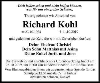 Traueranzeige von Richard Kohl von Super Sonntag Dessau-Roßlau