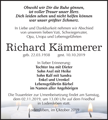 Traueranzeige von Richard Kämmerer von Wochenspiegel Merseburg/Querfurt