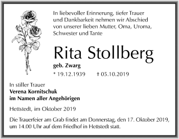 Traueranzeige von Rita Stollberg von Mitteldeutsche Zeitung Mansfelder Land