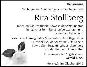 Traueranzeige von Rita Stollberg von Mitteldeutsche Zeitung Mansfelder Land