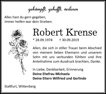 Traueranzeige von Robert Krense von Super Sonntag Wittenberg