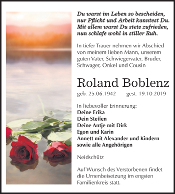 Traueranzeige von Roland Boblenz von Mitteldeutsche Zeitung Naumburg/Nebra