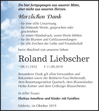 Traueranzeige von Roland Liebscher von Mitteldeutsche Zeitung Köthen