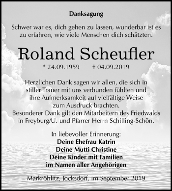 Traueranzeige von Roland Scheufler von Wochenspiegel Weißenfels