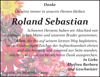 Traueranzeige von Roland Sebastian von Wochenspiegel Bitterfeld