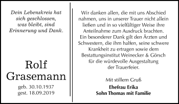 Traueranzeige von Rolf Grasemann von Super Sonntag Bernburg