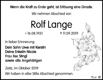 Traueranzeige von Rolf Lange von Super Sonntag Zeitz