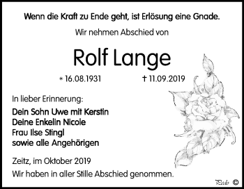 Traueranzeige von Rolf Lange von Mitteldeutsche Zeitung Zeitz