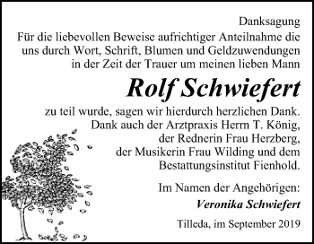Traueranzeige von Rolf Schwiefert von Mitteldeutsche Zeitung Sangerhausen