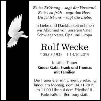 Traueranzeige von Rolf Wecke von Mitteldeutsche Zeitung Bernburg