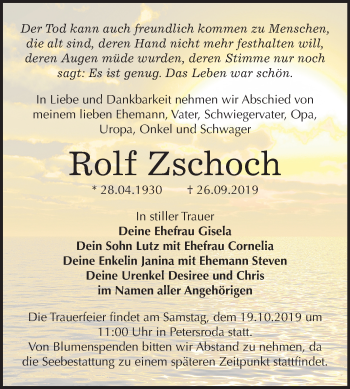 Traueranzeige von Rolf Zschoch von Wochenspiegel Bitterfeld