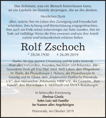 Traueranzeige von Rolf Zschoch von Wochenspiegel Bitterfeld