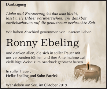 Traueranzeige von Ronny Ebeling von Wochenspiegel Mansfelder Land