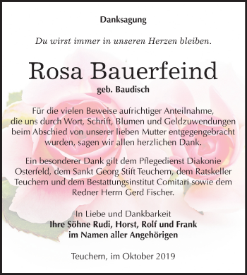 Traueranzeige von Rosa Bauerfeind von Mitteldeutsche Zeitung Weißenfels
