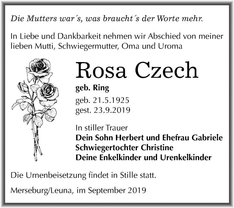  Traueranzeige für Rosa Czech vom 19.10.2019 aus Super Sonntag Merseburg/Querfurt